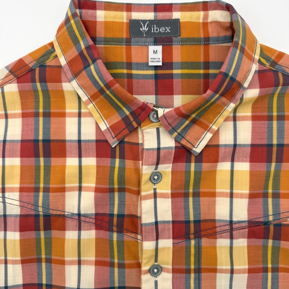 Ibex Button Down Shirt Men Medium Orange Plaid 100% Wool Western S/S Hiking Top